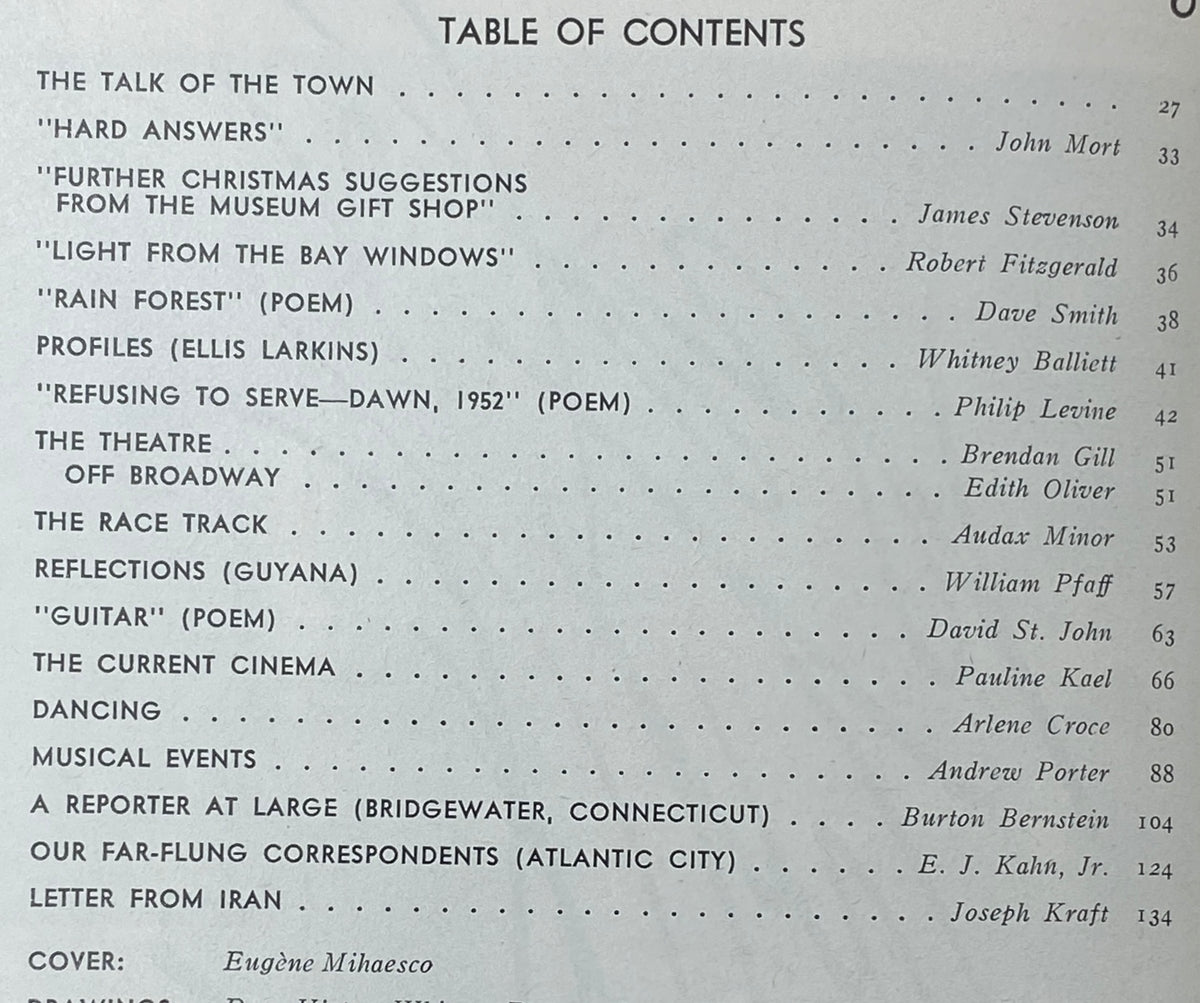 Table of Contents of The New Yorker Magazine December 18, 1978, listing diverse articles, poems, and features of cultural significance.
