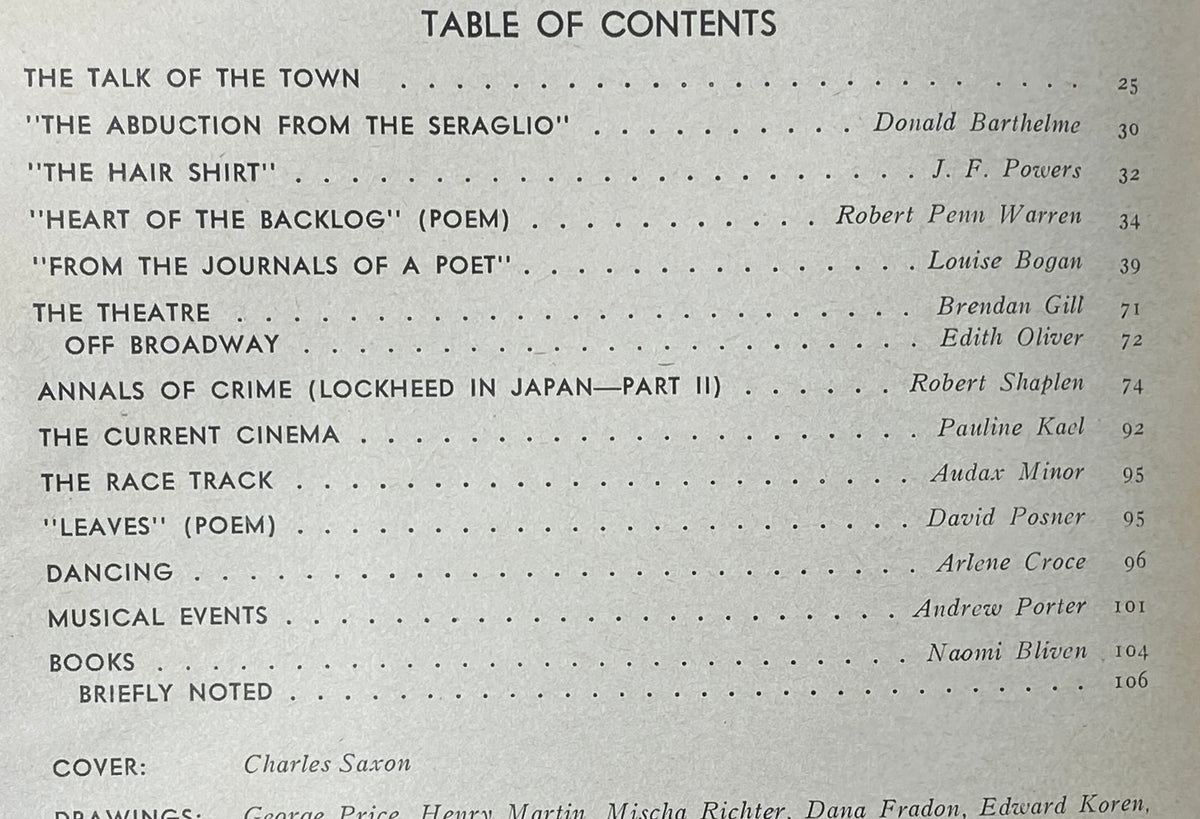 Table of contents from The New Yorker Complete Magazine January 30, 1978, listing notable articles and poems, including works by Donald Barthelme and Robert Penn Warren.