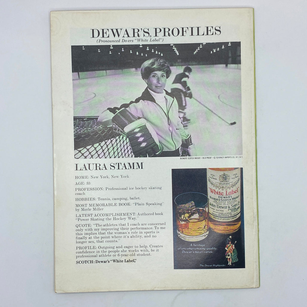 Dewar's Profiles featuring Laura Stamm, a professional ice hockey skating coach, age 33, home in New York, New York, highlighting her hobbies and latest accomplishments.