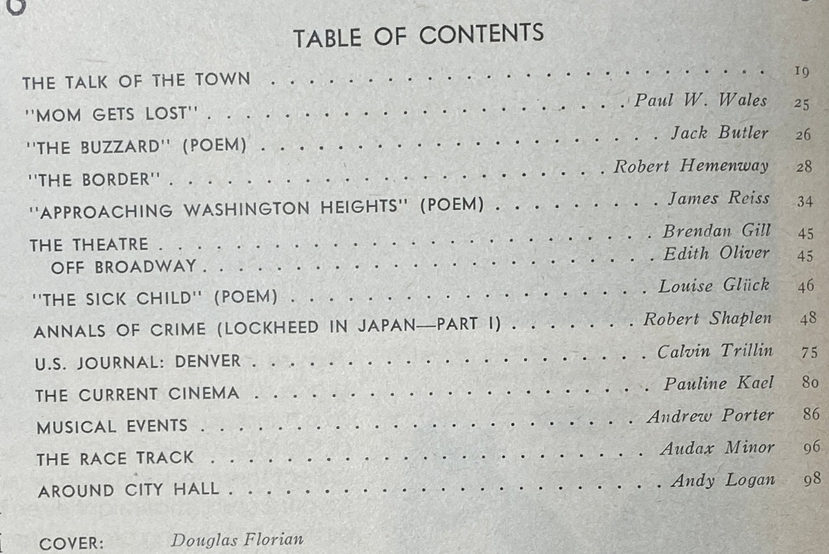 Table of contents from The New Yorker Complete Magazine January 23, 1978, listing featured articles and poems, including 'Mom Gets Lost' by Paul W. Wales and 'The Sick Child' by Louise Glück.