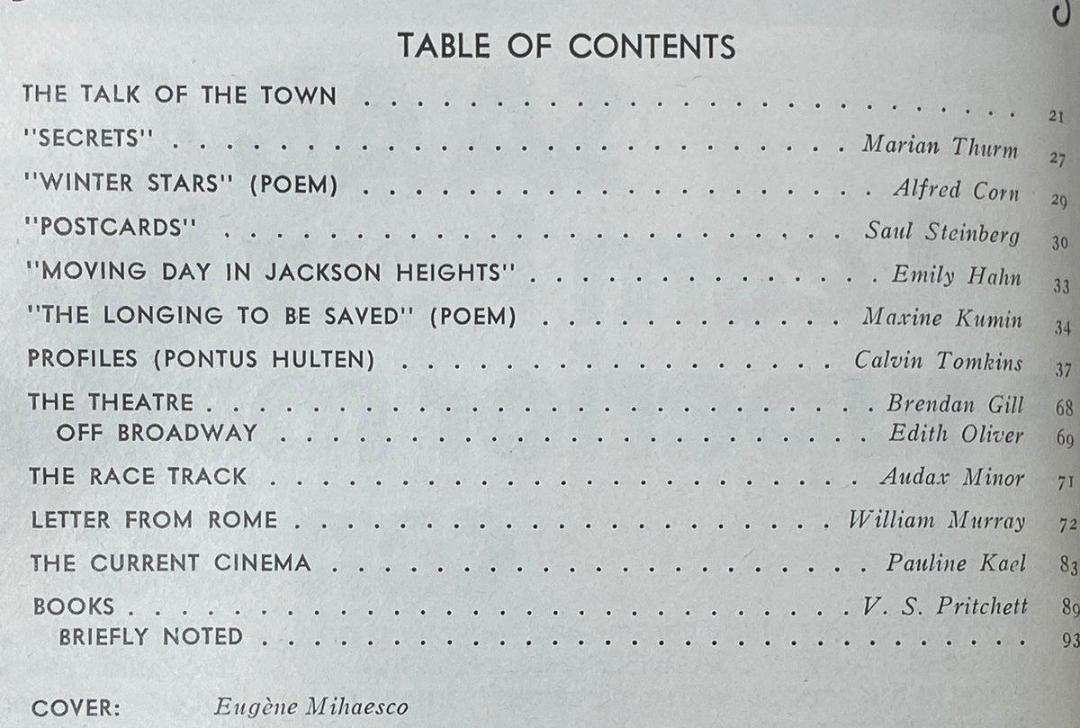 Table of contents page from The New Yorker magazine, January 16, 1978, detailing articles and authors featured in the issue.