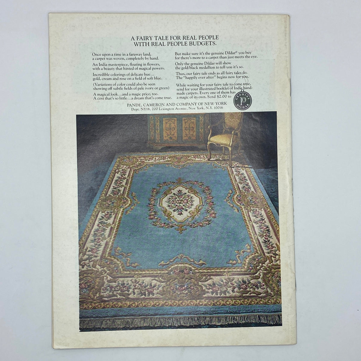 Back cover advertisement of The New Yorker Complete Magazine January 9, 1978, showcasing a luxurious carpet with a whimsical fairy tale theme, appealing to real people with real budgets.