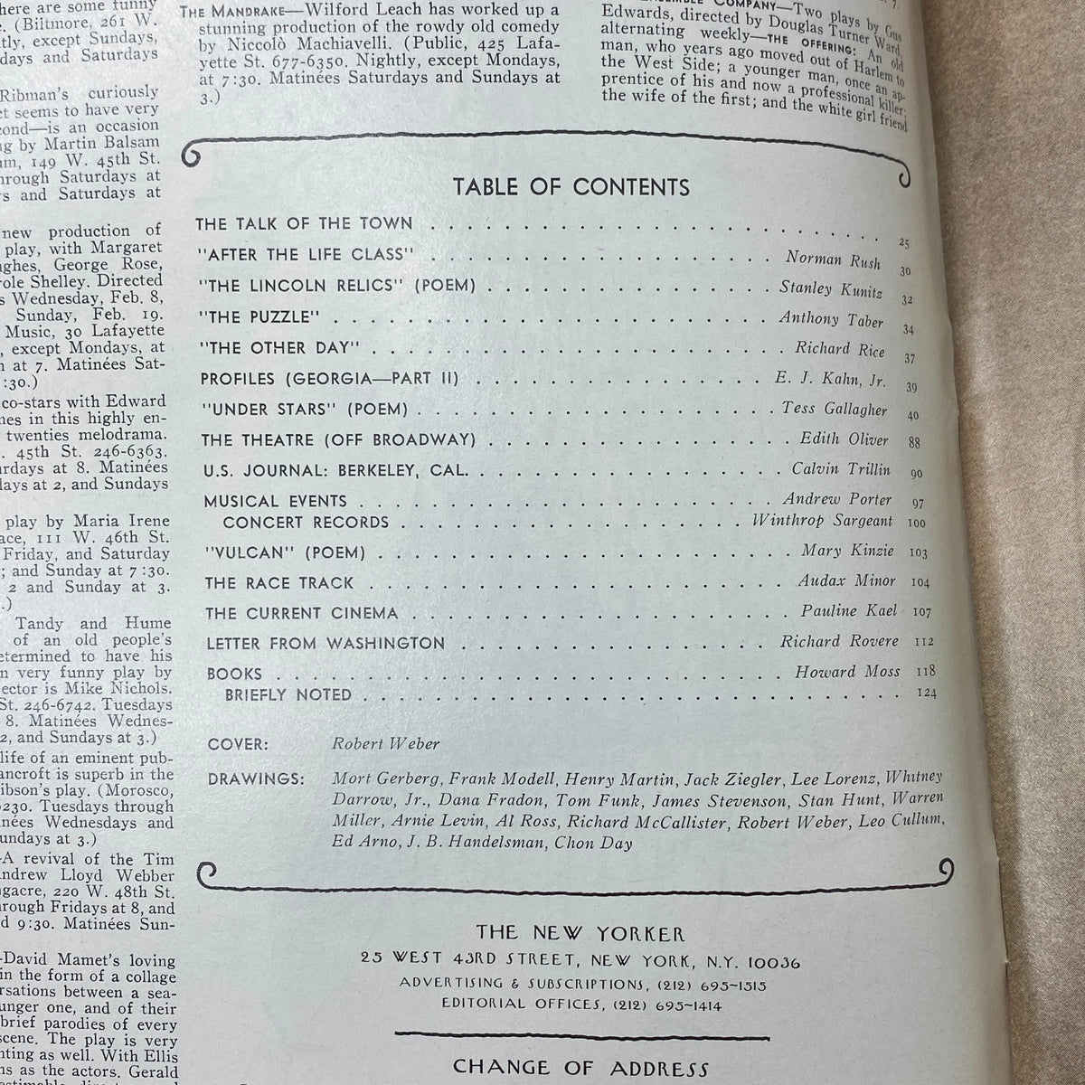 Table of contents from The New Yorker Complete Magazine February 13, 1978 displaying featured articles and poetry.