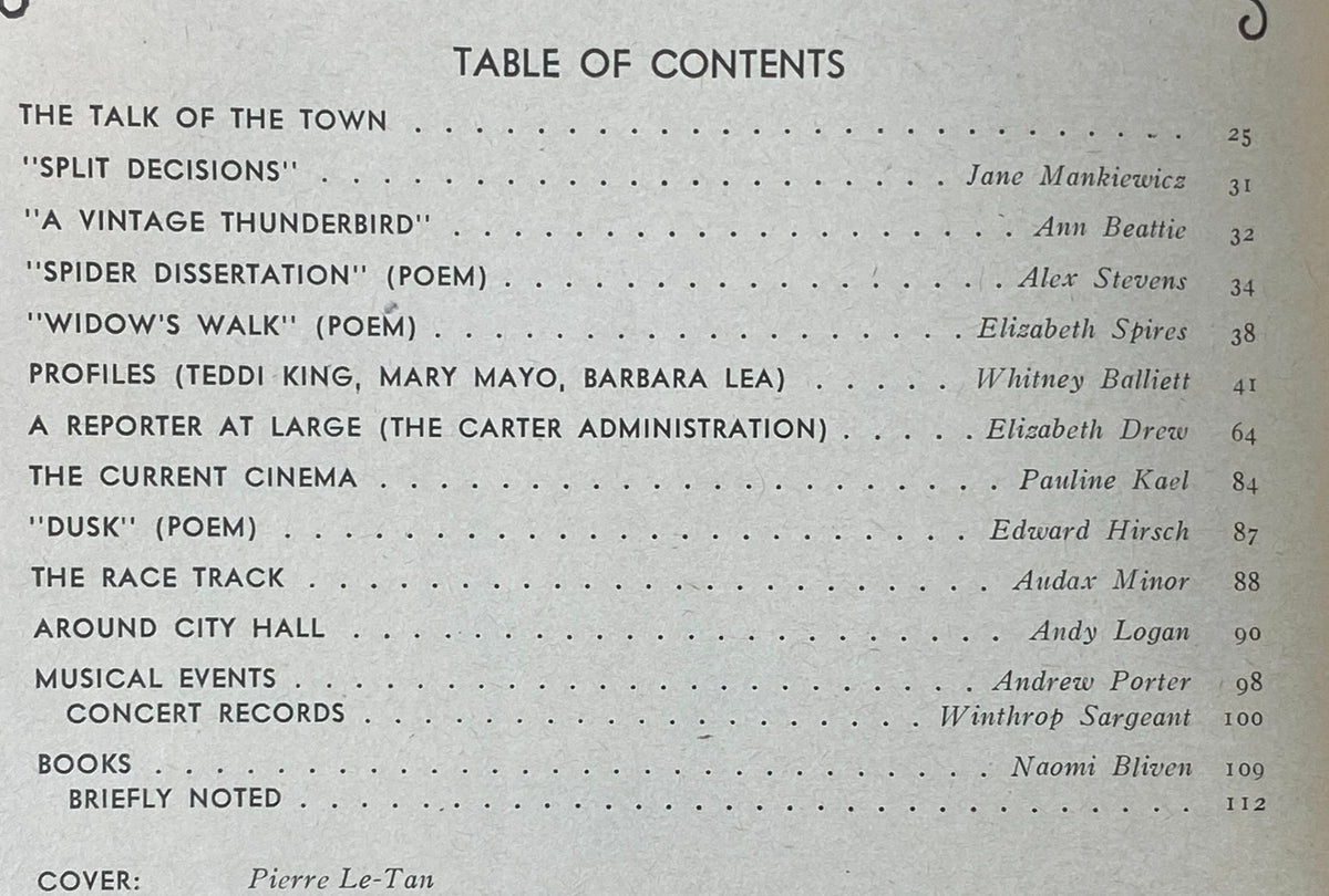 Table of contents from The New Yorker, February 27, 1978, listing articles and poems, including 'Split Decisions' by Jane Mankiewicz and 'Dusk' by Edward Hirsch.