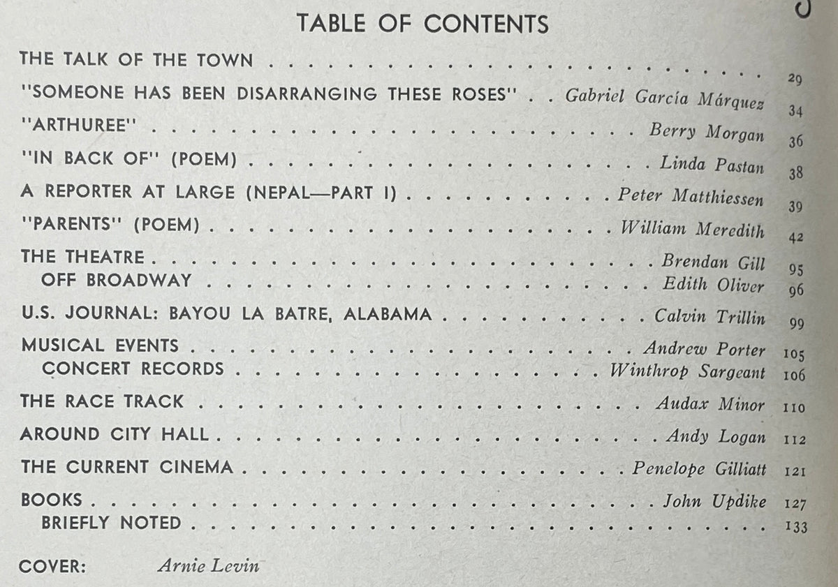 Table of contents from The New Yorker magazine March 27, 1978, listing notable articles and authors including Gabriel García Márquez and Peter Matthiessen.