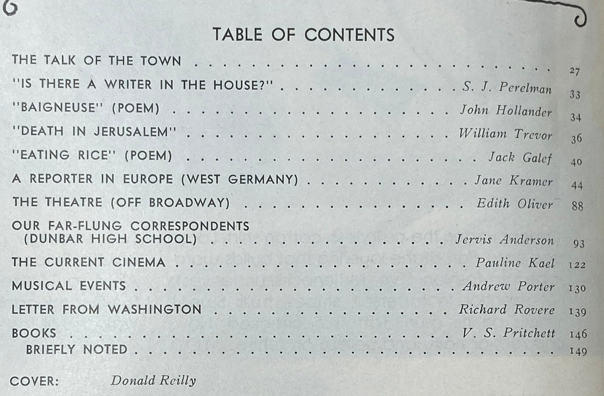 Table of contents page from The New Yorker magazine March 20, 1978, listing featured articles including 'Is There A Writer in the House?' and 'Death in Jerusalem'.
