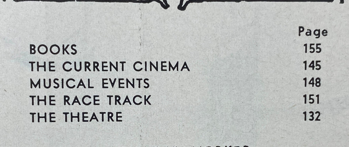 Table of contents from The New Yorker magazine March 9, 1963, listing sections including Books, The Current Cinema, Musical Events, The Race Track, and The Theatre.