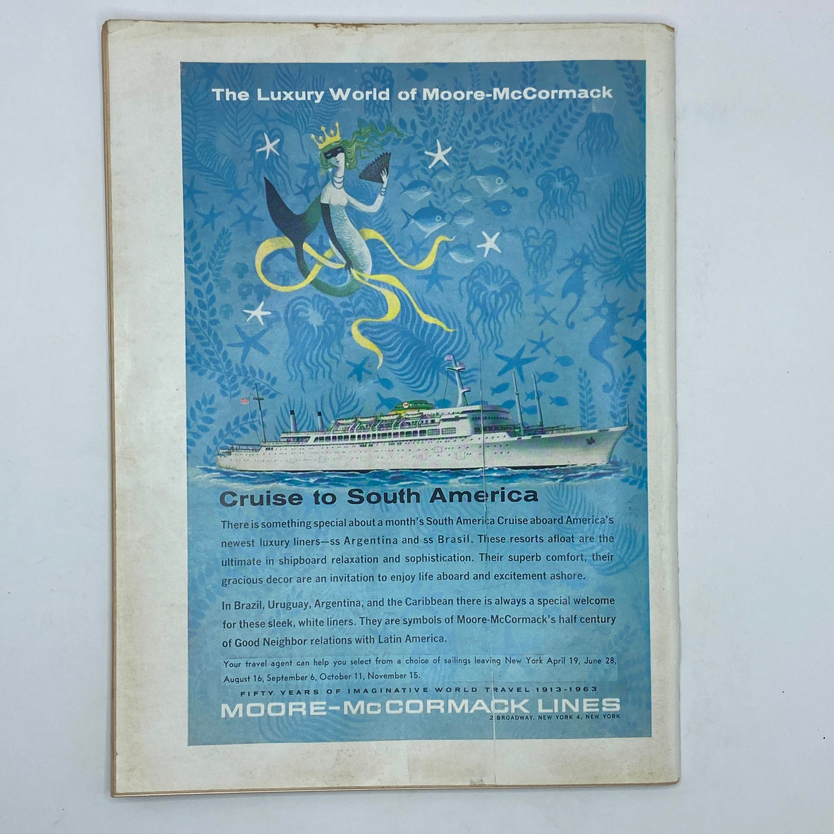 Advertisement page from The New Yorker magazine, March 2, 1963, promoting a luxury cruise to South America aboard Moore-McCormack Lines.