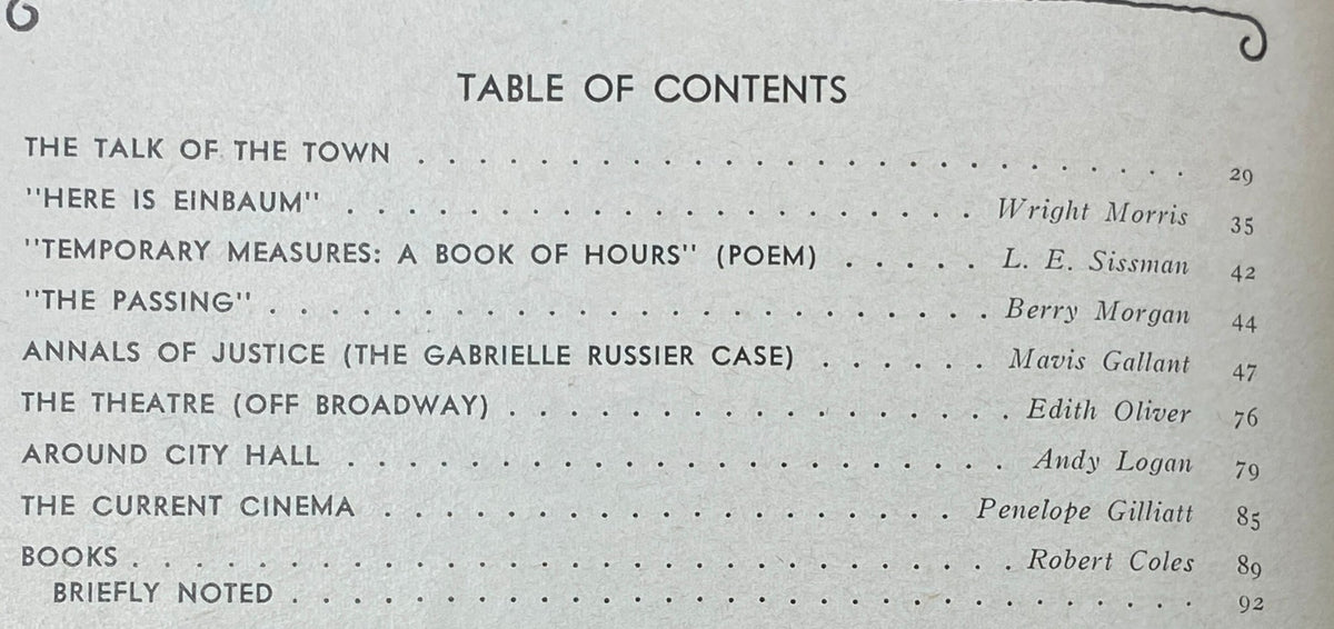 Table of Contents from The New Yorker, June 26, 1971, detailing featured articles like 'Here is Einbaum', 'Temporary Measures: A Book of Hours', and 'The Passing'.