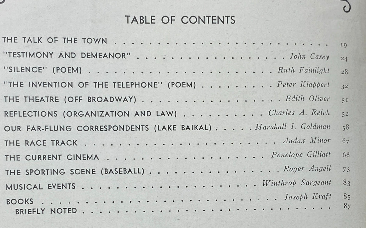 Table of contents of The New Yorker Complete Magazine June 19, 1971, listing articles and features including 'The Talk of the Town' and 'Silence' poem.