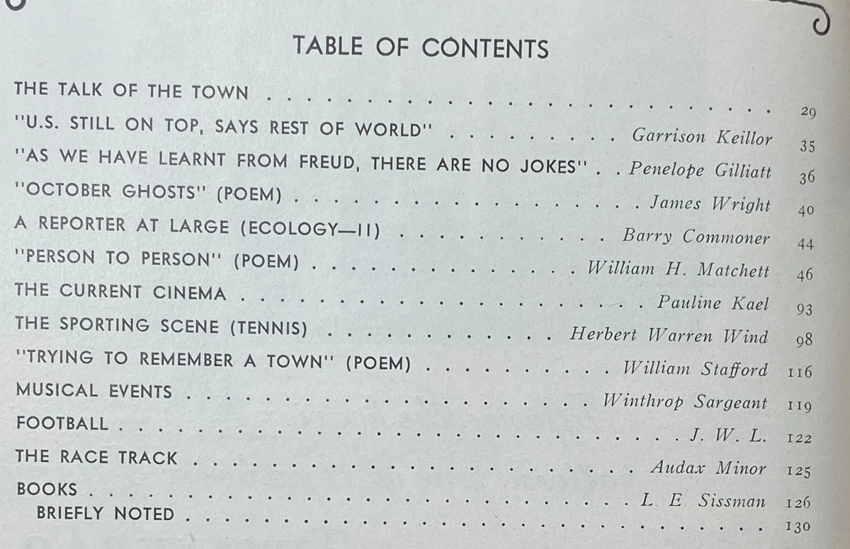 Table of contents from The New Yorker magazine, October 2, 1971, listing significant articles and poems including 'U.S. STILL ON TOP, SAYS REST OF WORLD' and 'OCTOBER GHOSTS'.