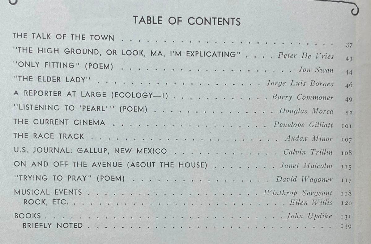 Table of Contents from The New Yorker magazine dated September 25, 1971, highlighting featured articles by notable writers like Peter De Vries and Jorge Luis Borges, an essential reference for literary enthusiasts.