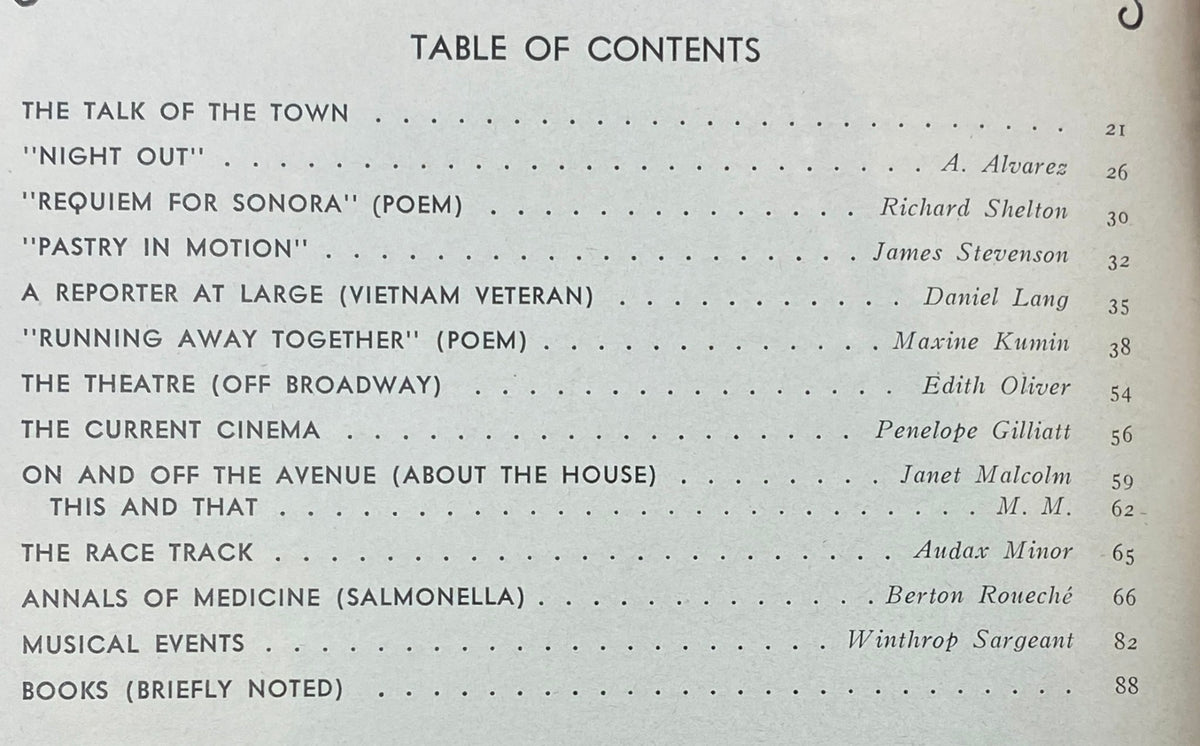 Table of Contents page from The New Yorker September 4, 1971, listing notable articles including 'Night Out' and 'A Reporter at Large (Vietnam Veteran)', a historical literary piece.