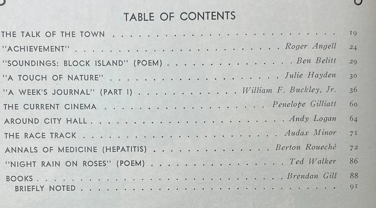 Table of contents from The New Yorker magazine, August 21, 1971, featuring articles such as 'The Talk of the Town', a poem by Ben Belitt, and contributions by notable writers, presented in a vintage format.