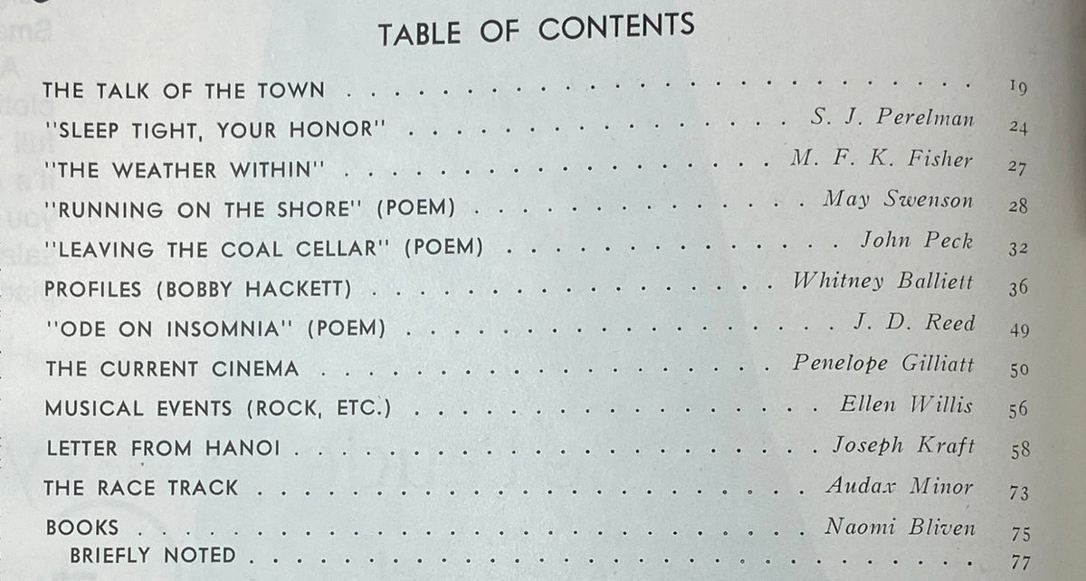 Table of Contents from The New Yorker Complete Magazine August 12, 1972, listing articles by S.J. Perelman, M.F.K. Fisher, and others, showcasing the magazine's rich content.