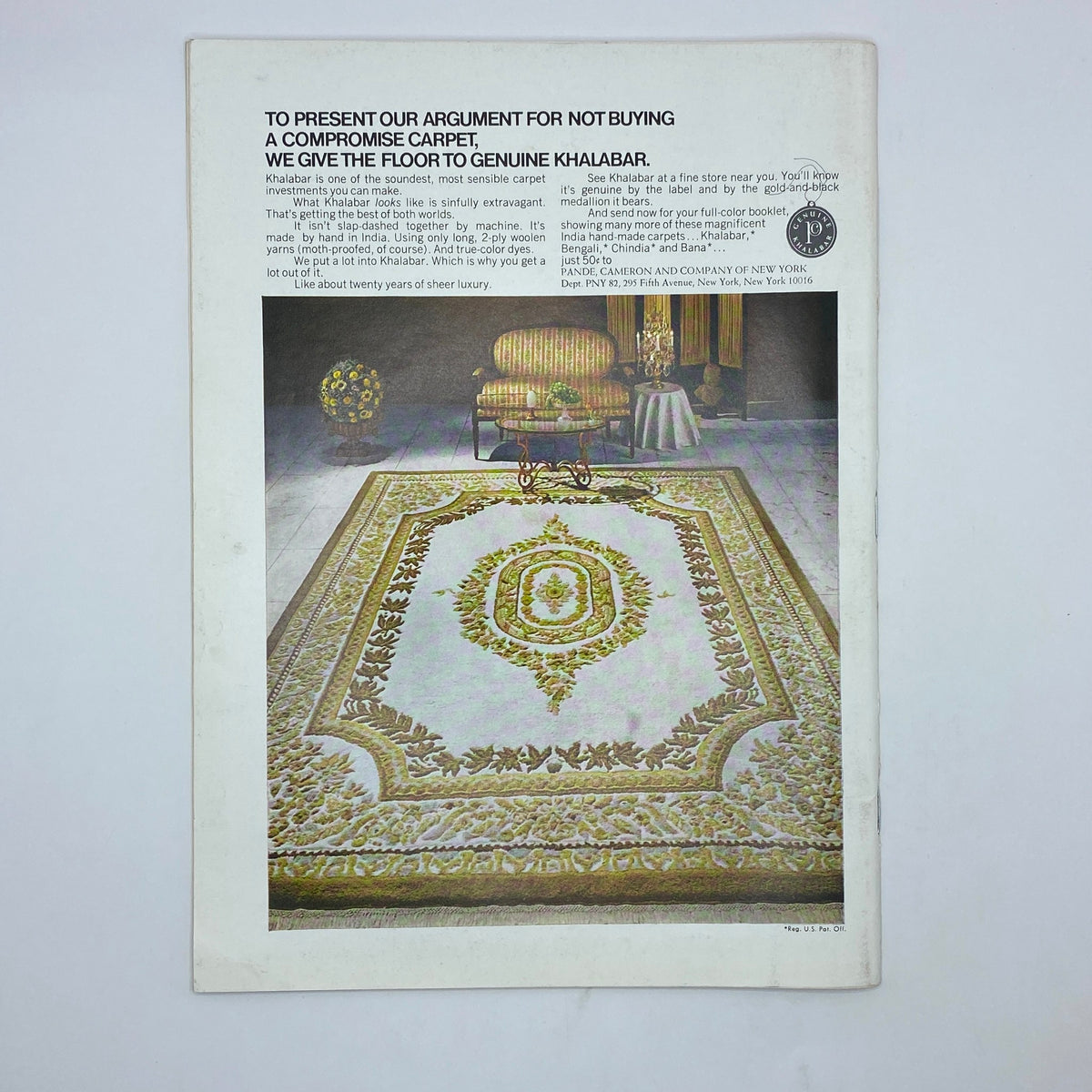 Back cover of The New Yorker Complete Magazine August 12, 1972, featuring an advertisement for genuine Khalabar carpets, highlighting luxury decor.
