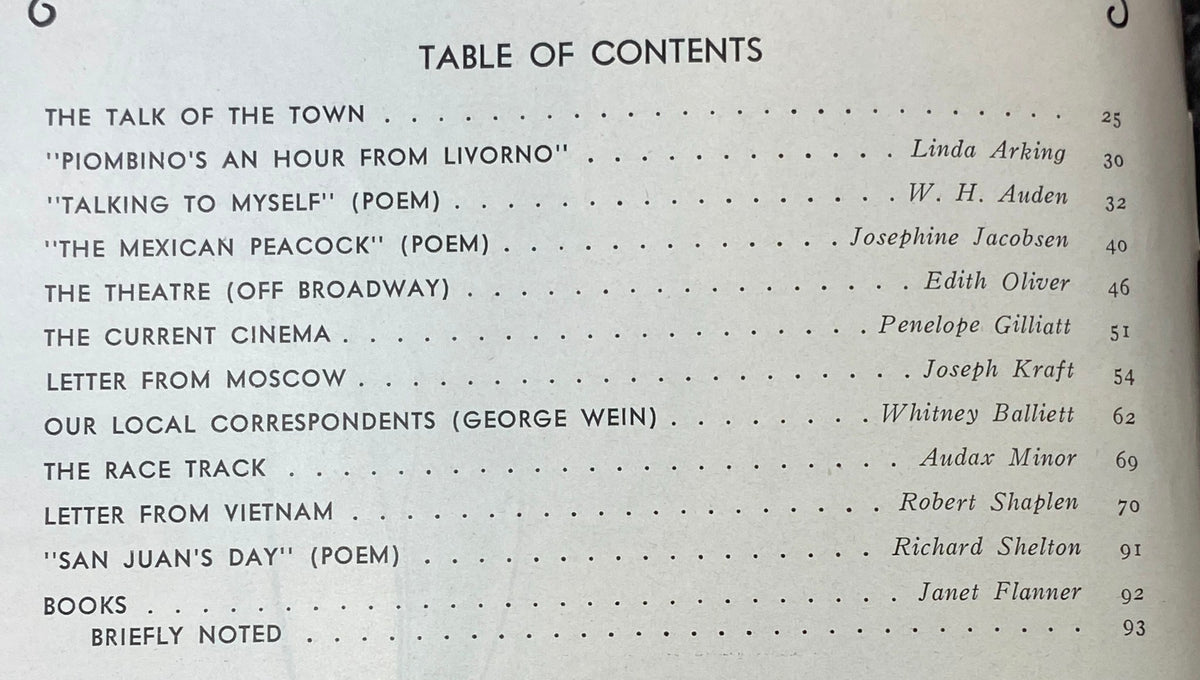 Table of Contents page from The New Yorker Complete Magazine June 24, 1972, featuring articles by W. H. Auden, Penelope Gilliatt, and Josephine Jacobsen.