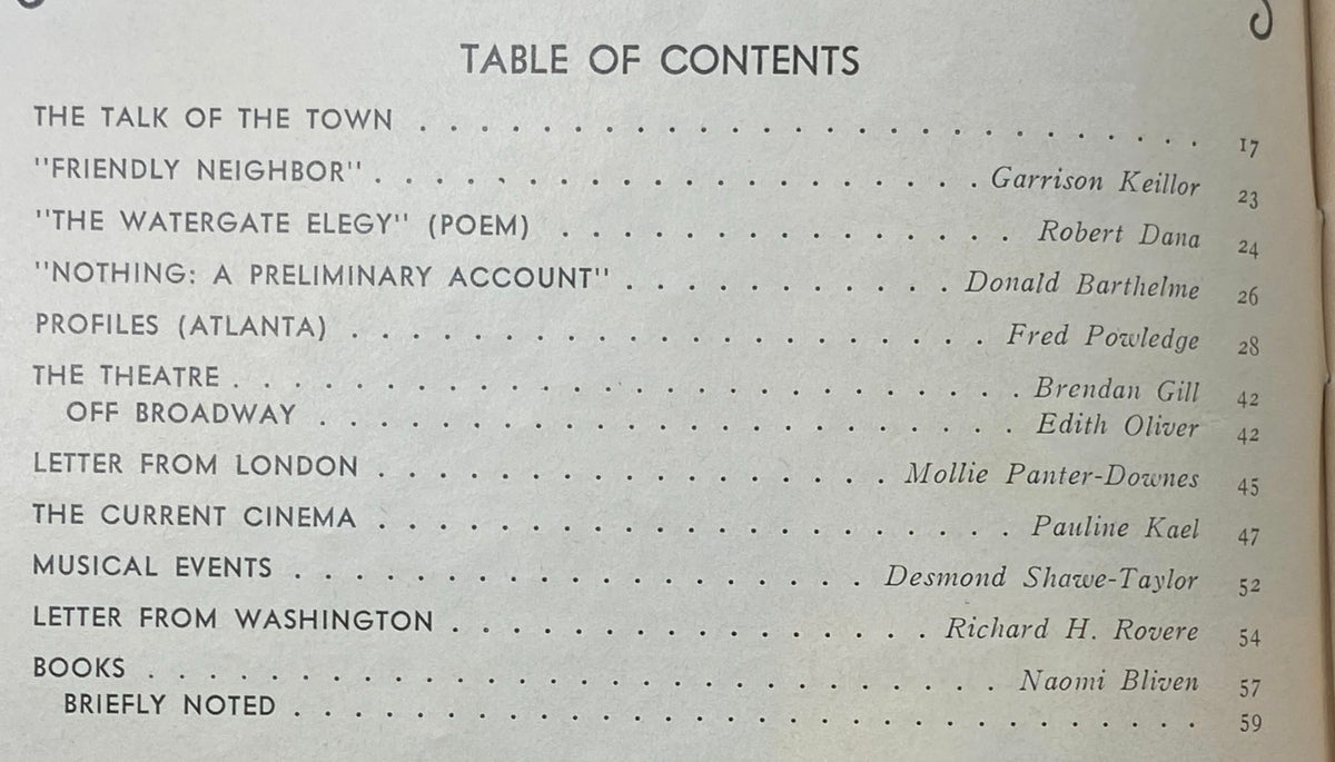 Table of contents from The New Yorker magazine, December 31, 1973, listing featured articles including 'Friendly Neighbor' and 'The Watergate Elegy'.