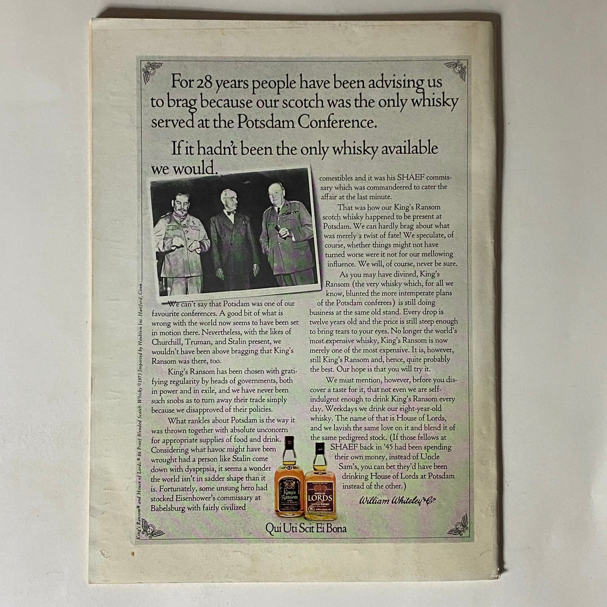 Back cover of The New Yorker magazine, December 31, 1973, featuring an advertisement for King's Ransom whisky.