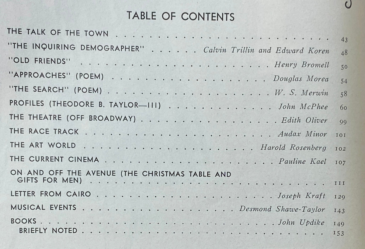 Table of contents from The New Yorker Complete Magazine December 17, 1973 listing featured articles, poems, and profiles.