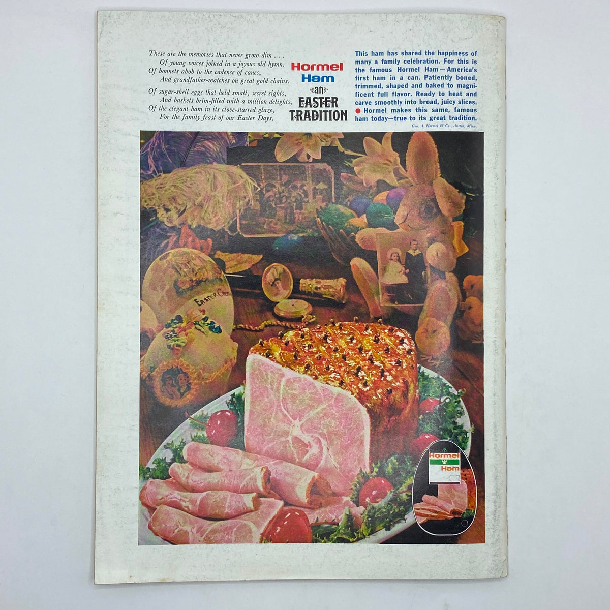 Back cover of The New Yorker Complete Magazine March 4, 1974, featuring an advertisement for Hormel Ham with a colorful presentation of Easter-themed food.