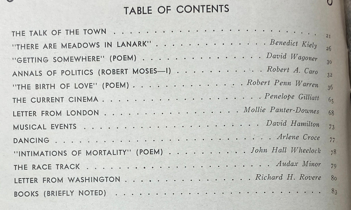 Table of contents page from The New Yorker Complete Magazine July 22, 1974, listing featured articles and authors, reflecting the literary and cultural themes of the era.