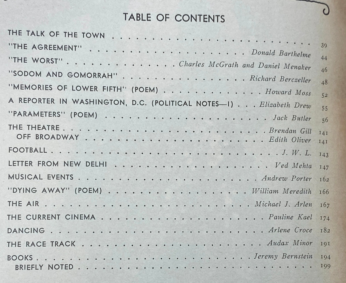 Table of contents for The New Yorker Magazine from October 14, 1974, highlighting articles and contributions from notable writers.