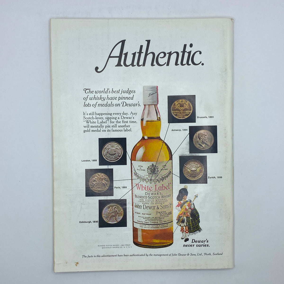 Vintage advertisement for Dewar's Blended Scotch Whisky featured in The New Yorker Complete Magazine October 28, 1974, highlighting medals and awards.