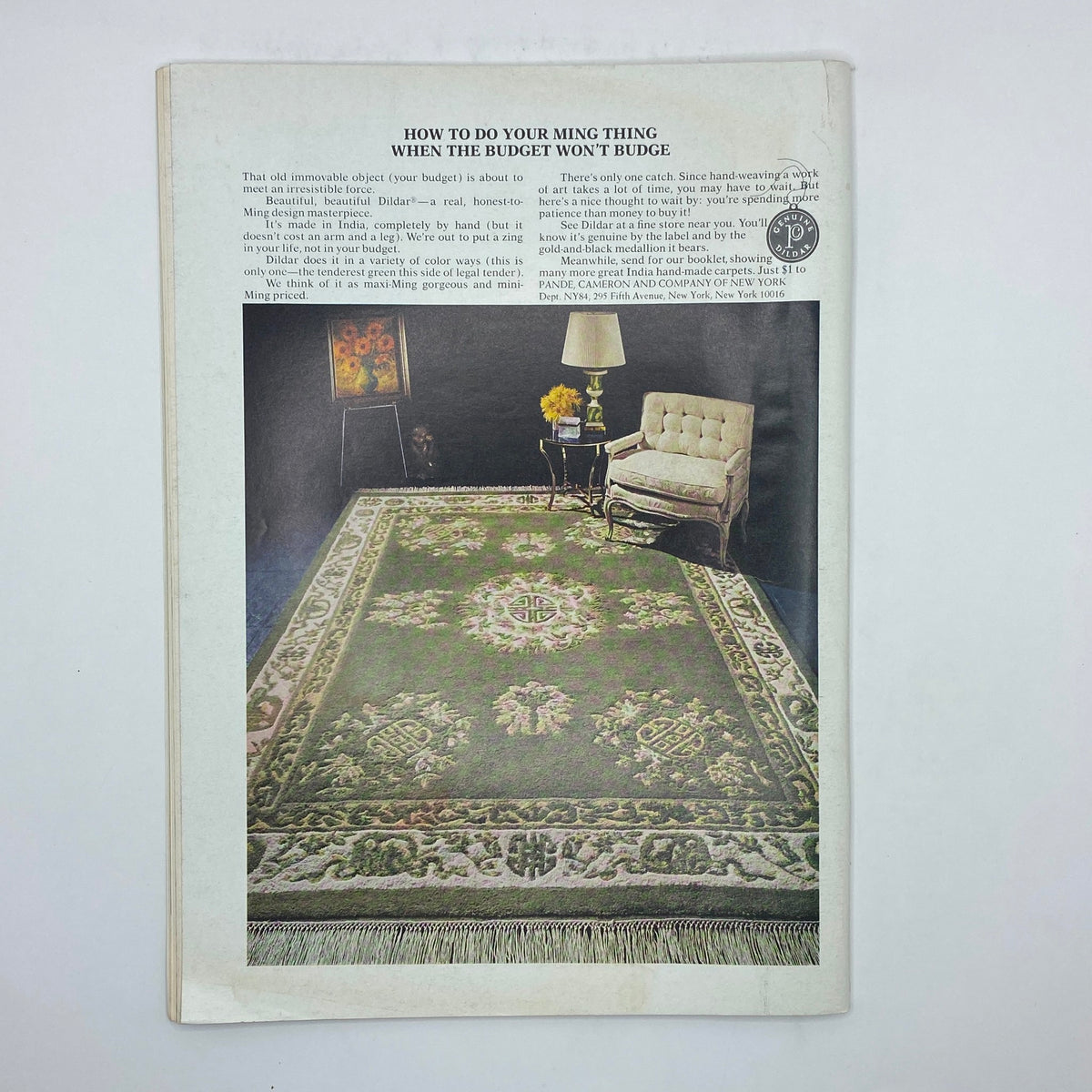 Back cover of The New Yorker Magazine, August 12, 1974, featuring an advertisement for decorative rugs with a stylish living room scene.