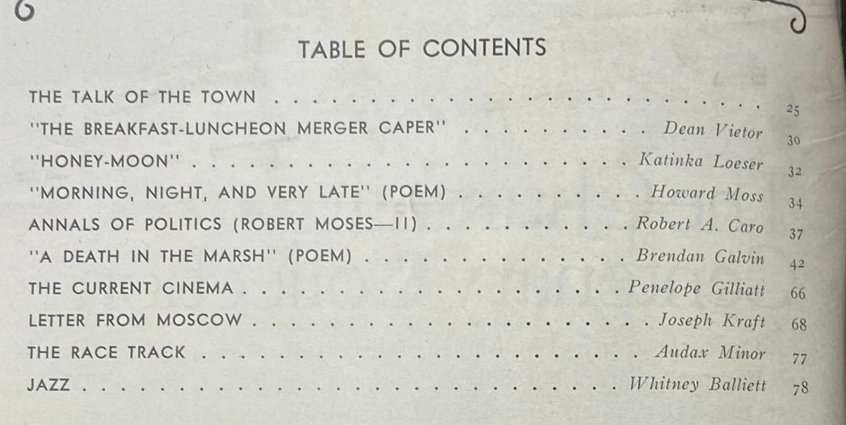 Table of contents from The New Yorker Complete Magazine, Issue Date: July 29, 1974, showcasing featured articles including 'The Breakfast-Luncheon Merger Caper' and 'Morning, Night, and Very Late'.