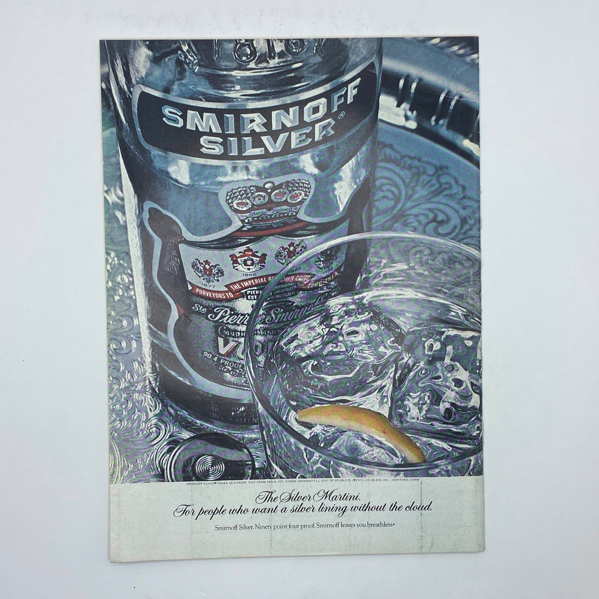 Advertisement for Smirnoff Silver vodka featured in The New Yorker Complete Magazine, Issue Date: July 29, 1974, highlighting 'The Silver Martini' with an iconic visual of the product.