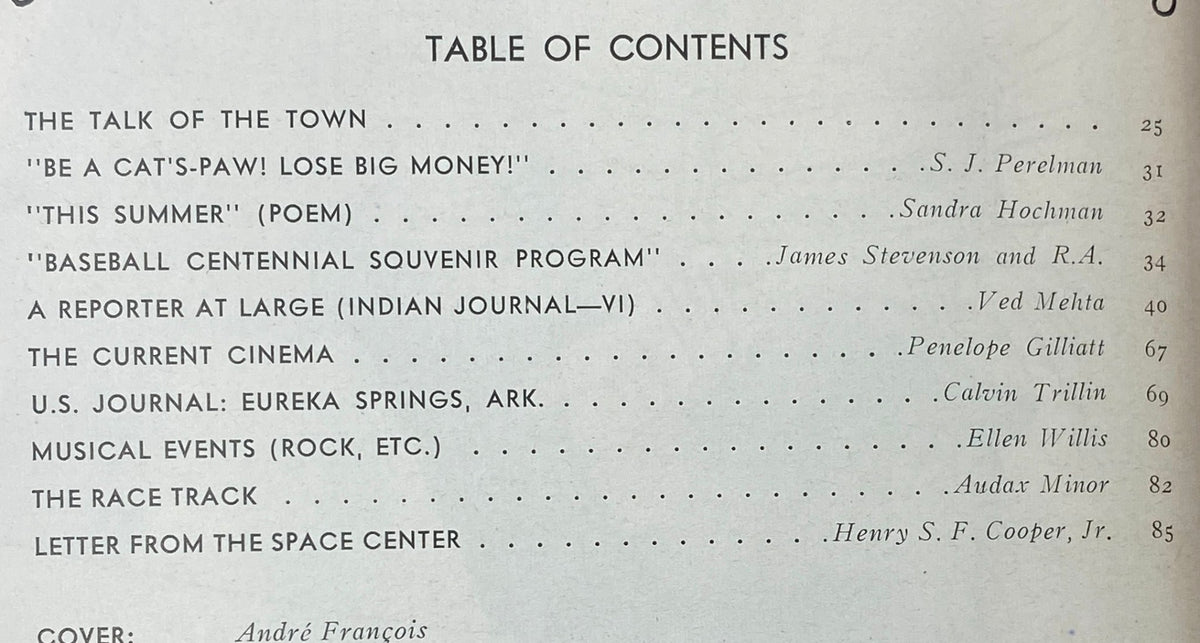 The New Yorker Complete Magazine July 26, 1969 features a table of contents showcasing articles including 'Be a Cat's-Paw! Lose Big Money!' by S. J. Perelman and 'This Summer' by Sandra Hochman. Vintage magazine details highlighted.