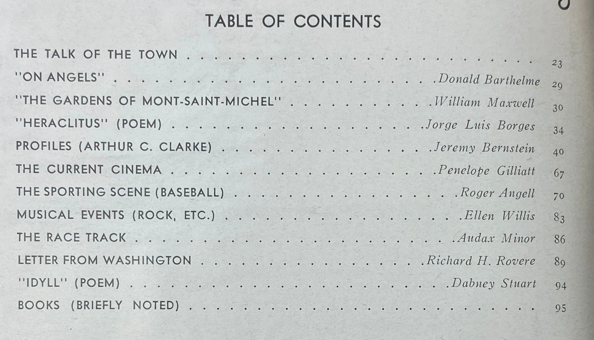 Table of contents from The New Yorker magazine August 9, 1969, detailing featured articles including 'On Angels' and 'Profiles (Arthur C. Clarke)'.