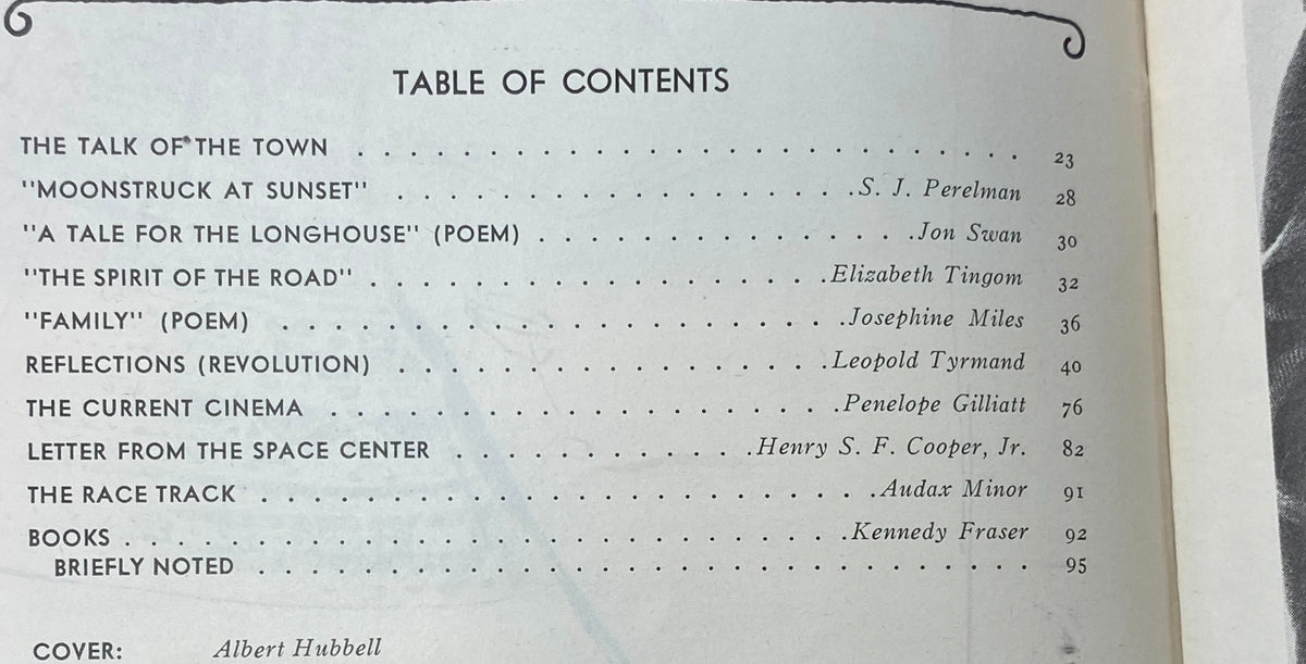 Table of Contents from The New Yorker Complete Magazine August 16, 1969, listing articles and poetry including 'Moonstruck at Sunset' by S.J. Perelman.