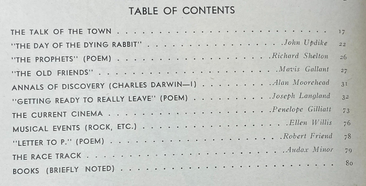 Table of Contents page from The New Yorker Complete Magazine August 30, 1969, listing notable articles including "The Day of the Dying Rabbit" by John Updike and insights from Charles Darwin.