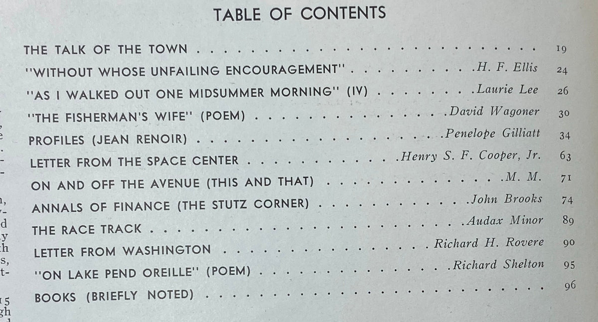 Table of Contents from The New Yorker Complete Magazine August 23, 1969 featuring articles like The Talk of the Town and profiles on Jean Renoir. Vintage magazine details and highlights.