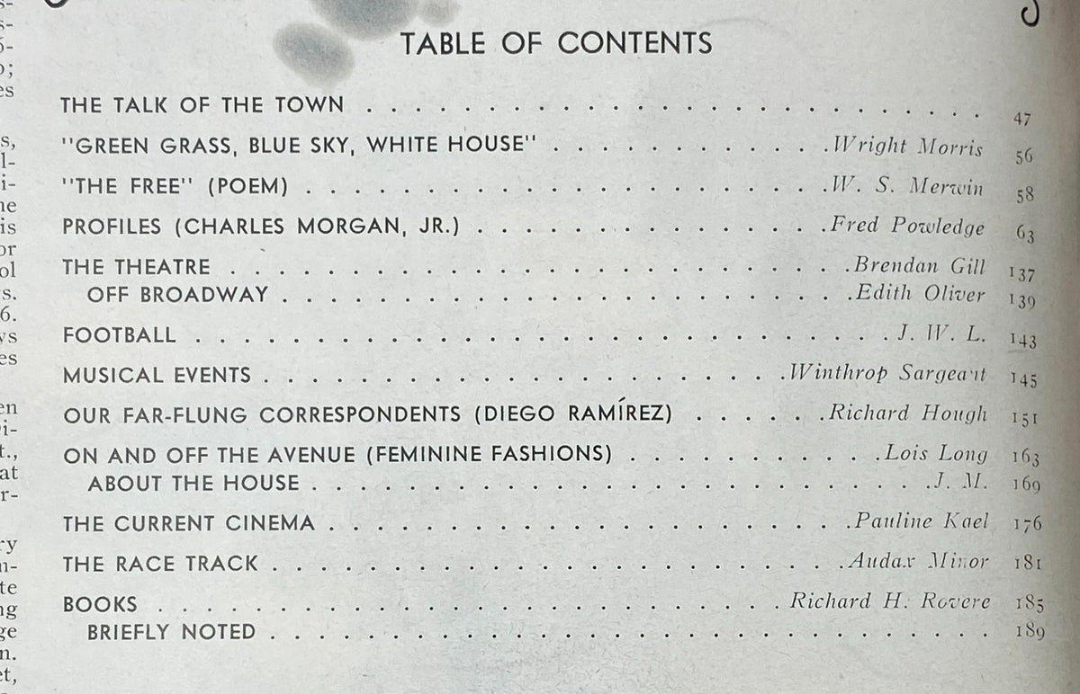 Table of contents from The New Yorker Complete Magazine, October 25, 1969, listing features like 'The Talk of the Town,' profiles, theatre coverage, and film reviews.