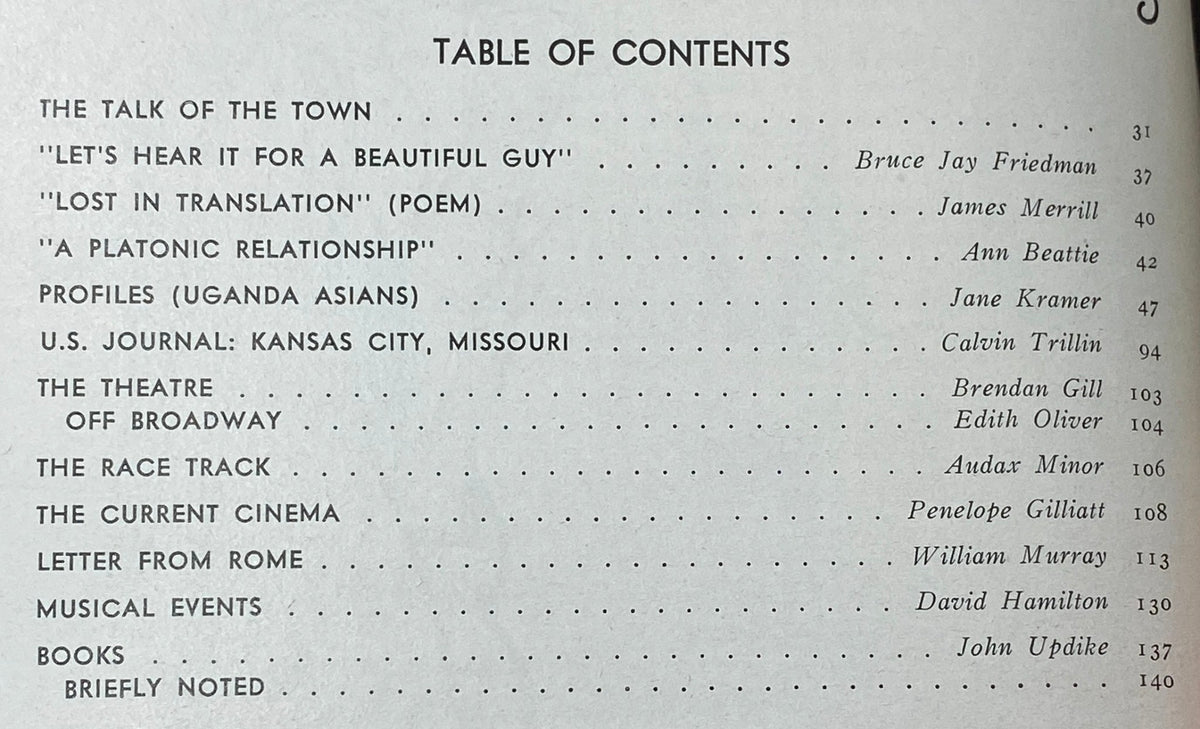 Table of Contents from The New Yorker magazine dated April 8, 1974 listing articles including 'The Talk of the Town,' 'Lost in Translation,' and 'A Platonic Relationship,' reflecting diverse literary content.