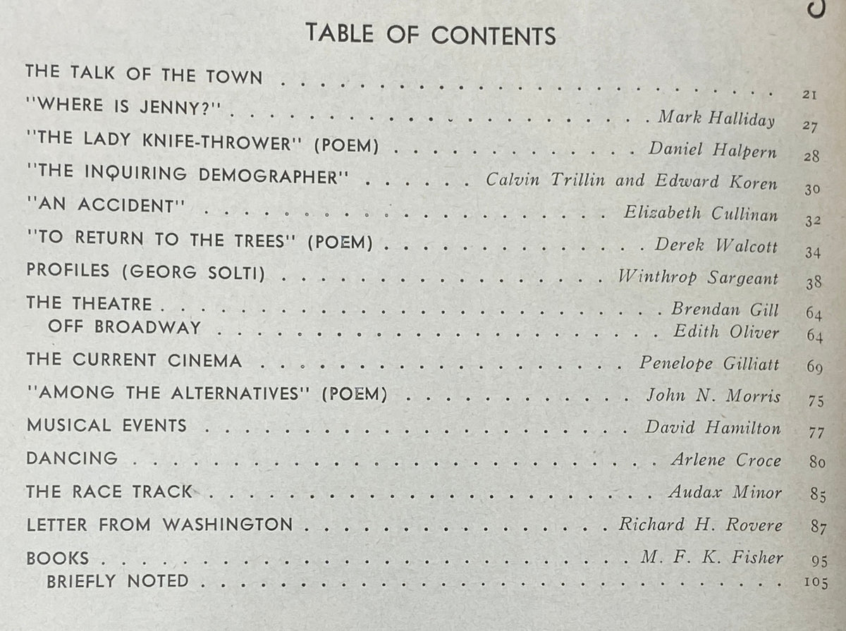 Table of Contents from The New Yorker Complete Magazine May 27, 1974, outlining various articles and poems featured in this vintage issue, showcasing the literary style of the era.