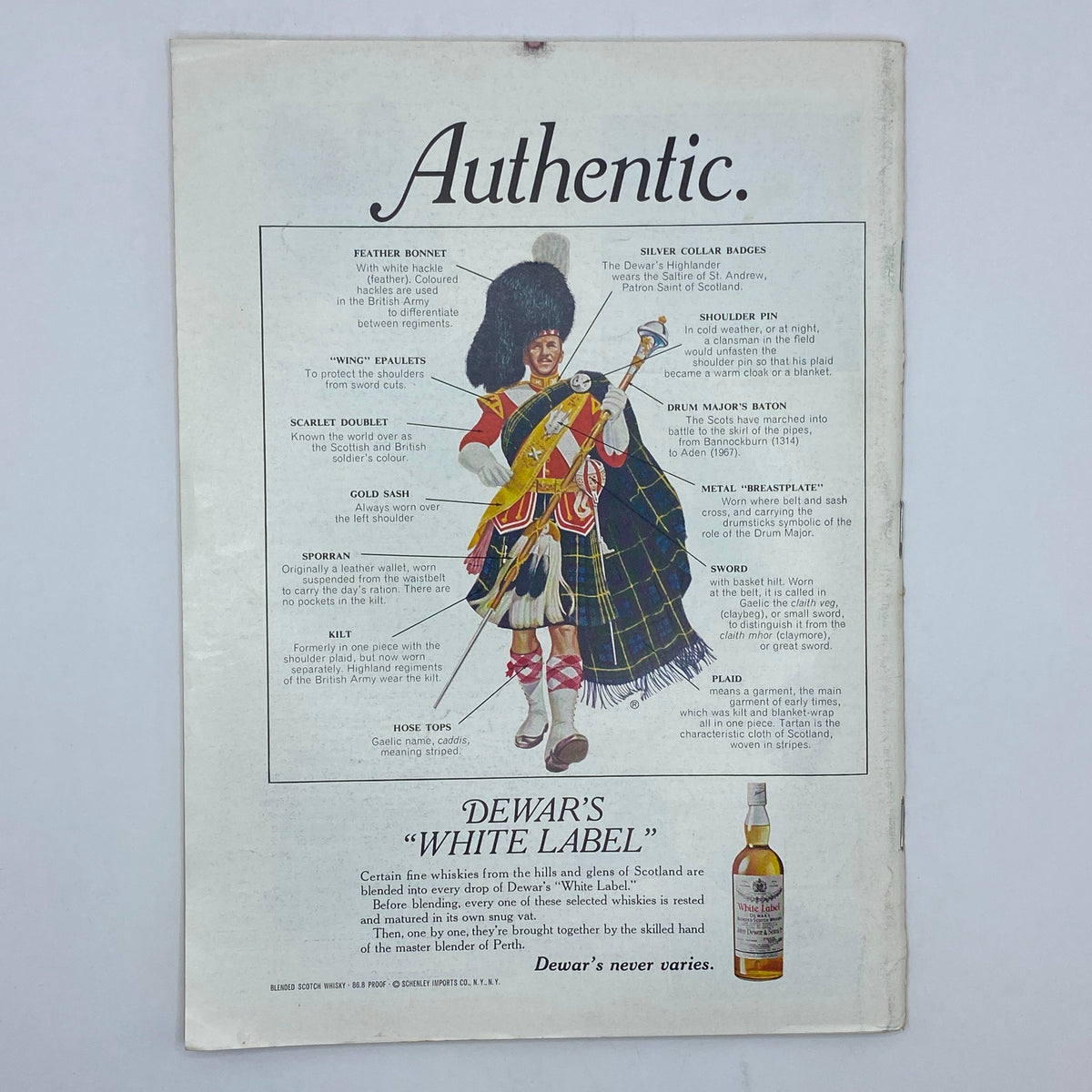 Back cover of The New Yorker Complete Magazine May 27, 1974 displaying an advertisement for Dewar's White Label whiskey, featuring a Highland soldier and detailing the components of traditional Scottish dress.