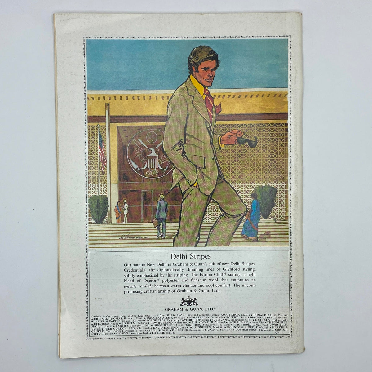 Back cover advertisement of The New Yorker Complete Magazine April 1, 1974 showcasing 'Delhi Stripes' by Graham & Gunn, with a stylishly illustrated model in formal wear.