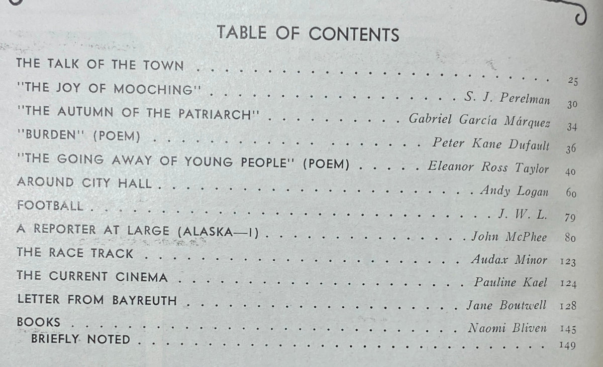 Table of contents from The New Yorker Complete Magazine September 27, 1976, listing notable articles including 'The Joy of Mooching' by S. J. Perelman and 'The Autumn of the Patriarch' by Gabriel García Márquez.