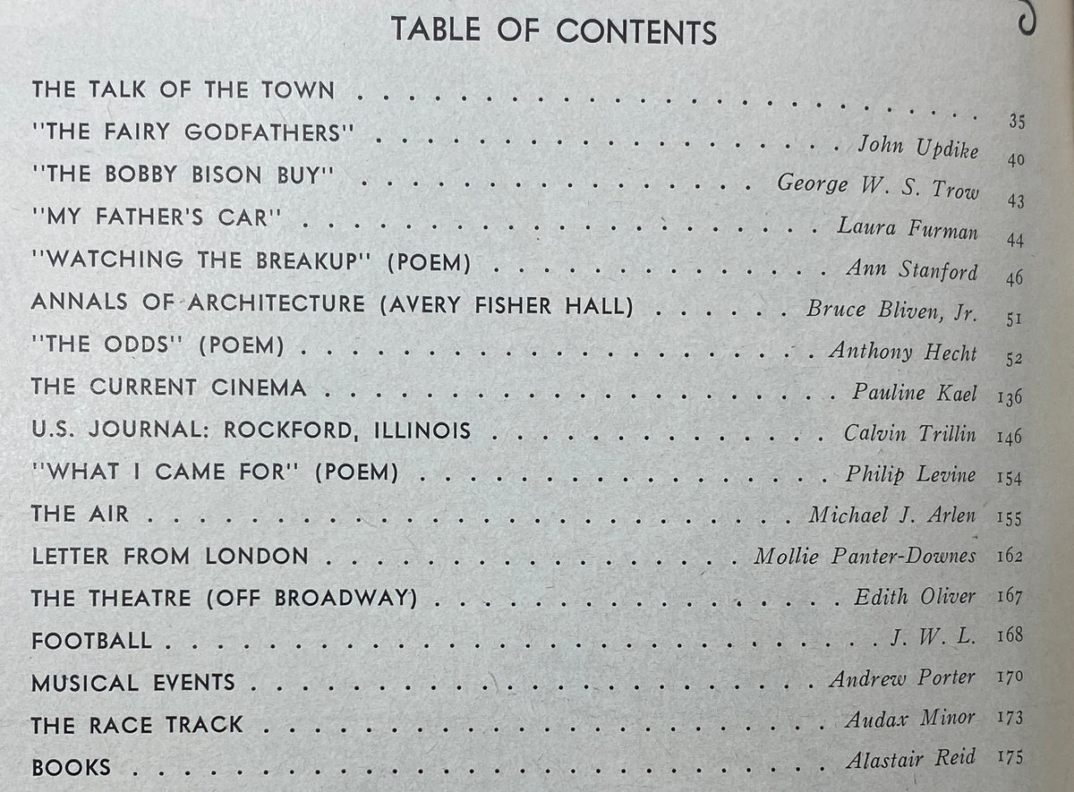Table of contents page from The New Yorker magazine dated November 8, 1976, listing various articles, poems, and features including works by John Updike and Pauline Kael.