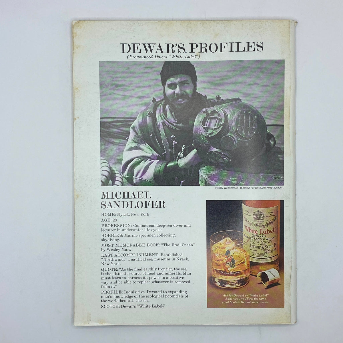 Dewar's Profiles feature on Michael Sandlofer, a commercial deep-sea diver and lecturer, showcasing his image in diving gear alongside a whiskey advertisement. Featured in The New Yorker Complete Magazine November 8, 1976.
