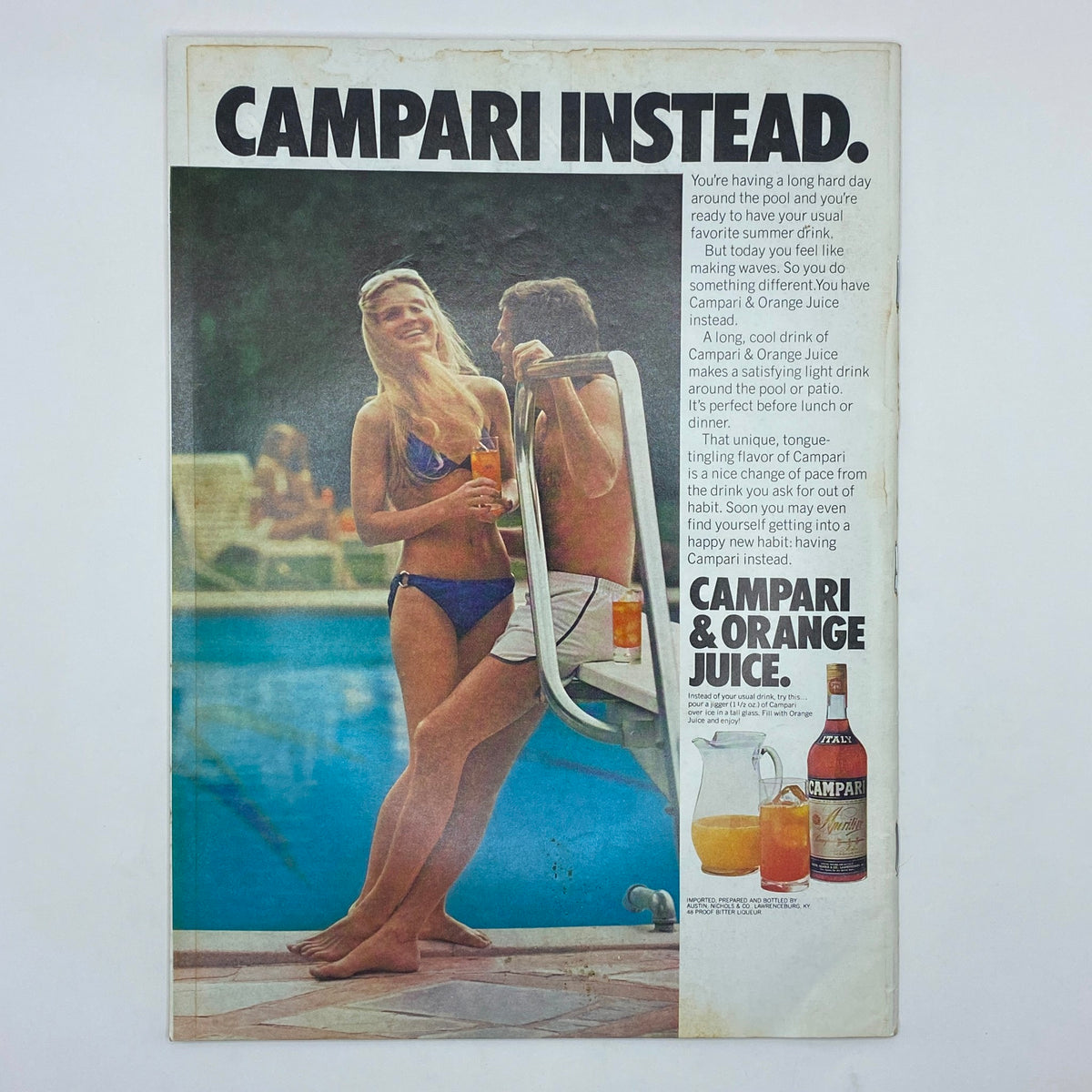 The New Yorker Complete Magazine July 5, 1976 advertisement for Campari and Orange Juice, highlighting a refreshing drink next to a poolside setting with models.