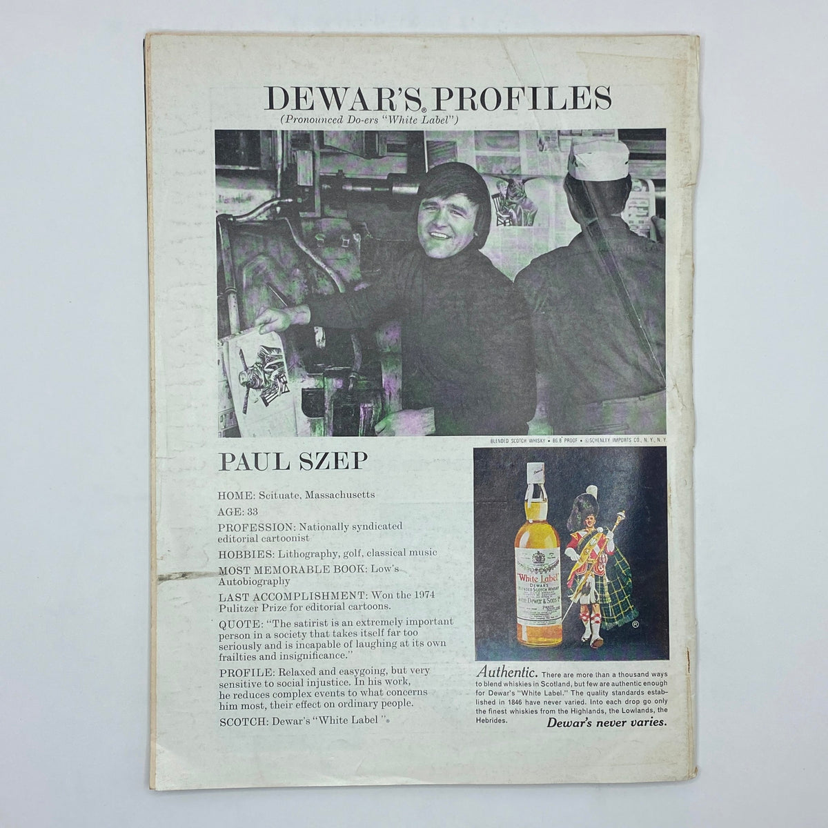 Dewar's Profiles featuring Paul Szep, a nationally syndicated editorial cartoonist, showcasing a vintage magazine cover. The profile includes details about Paul Szep's home, age, profession, hobbies, accomplishments, and favorite scotch. This image highlights the unique features of the July 19, 1976 edition of The New Yorker.