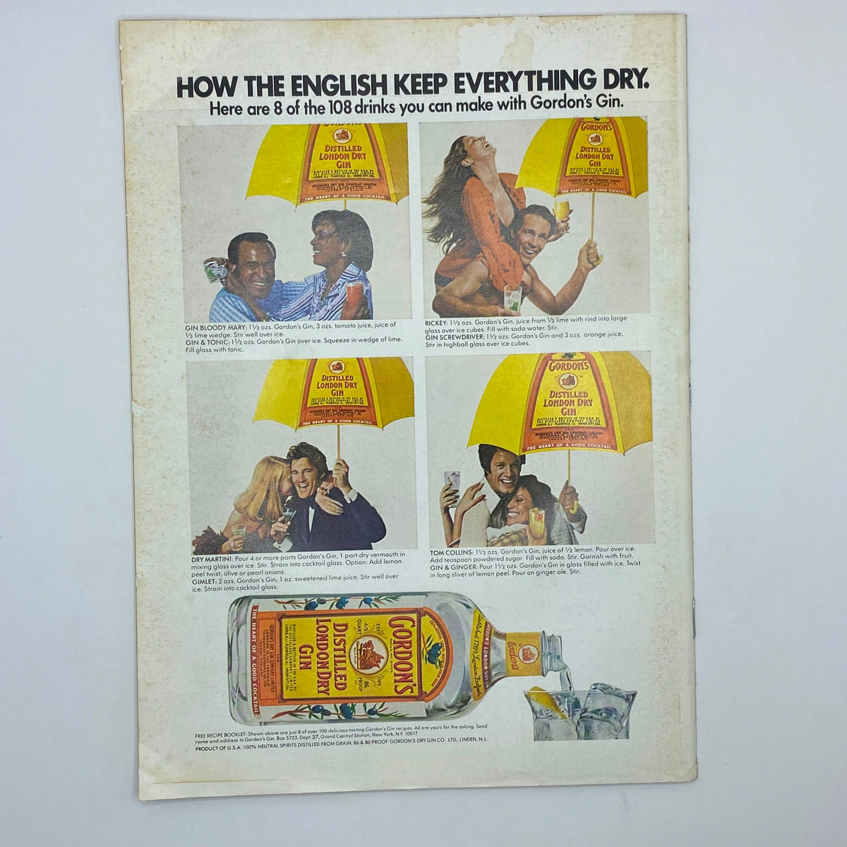 Back cover advertisement for Gordon's Gin from The New Yorker Complete Magazine August 2, 1976 illustrating cocktails under yellow umbrellas.