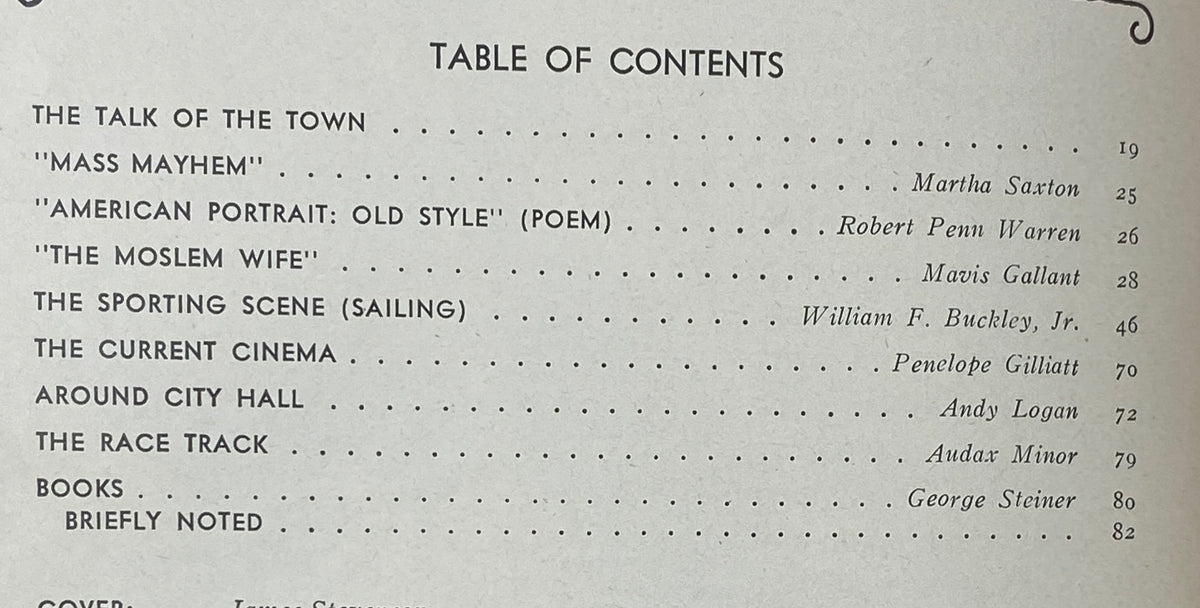 Table of contents from The New Yorker Complete Magazine August 23, 1976, listing articles such as 'Mass Mayhem' by Martha Saxton and 'The Current Cinema' by Penelope Gilliatt.