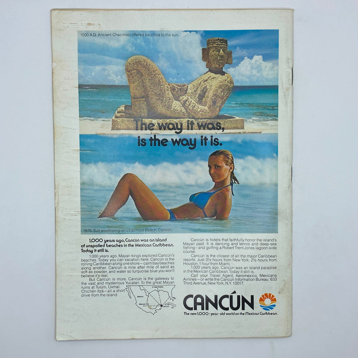 The New Yorker Complete Magazine August 23, 1976 featuring a vintage advertisement for Cancun with a model on the beach, highlighting the theme 'The way it was, is the way it is.'