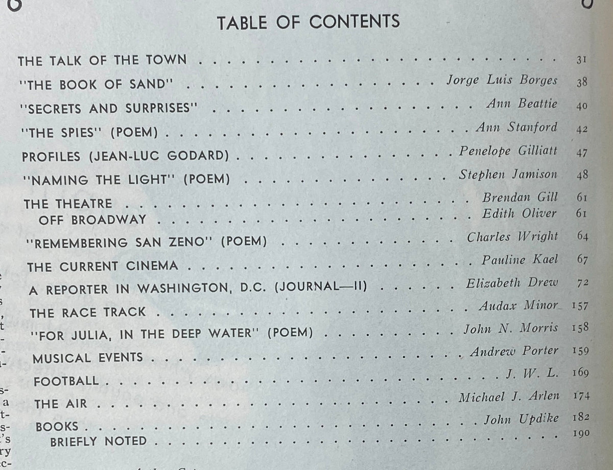 Table of contents of The New Yorker magazine from October 25, 1976, outlining featured articles and authors including Jorge Luis Borges and Ann Beattie.